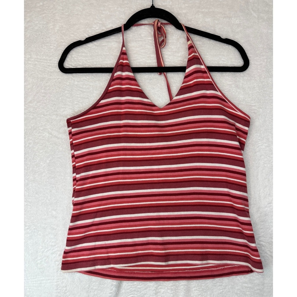 Route 66 Halter Top Women Large Pink Red Striped Cotton V-Neck Sleeveless